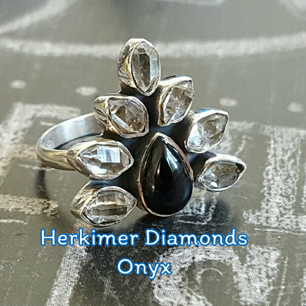 Onyx & Herkimer Diamond Ring Sterling